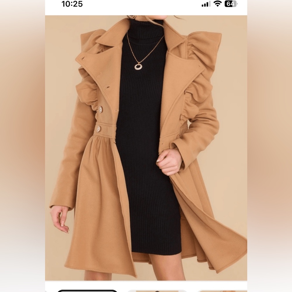 Aura Exaggerated Ruffled Double Breasted Coat Camel NWT SMALL Red dress Botique - Picture 3 of 9